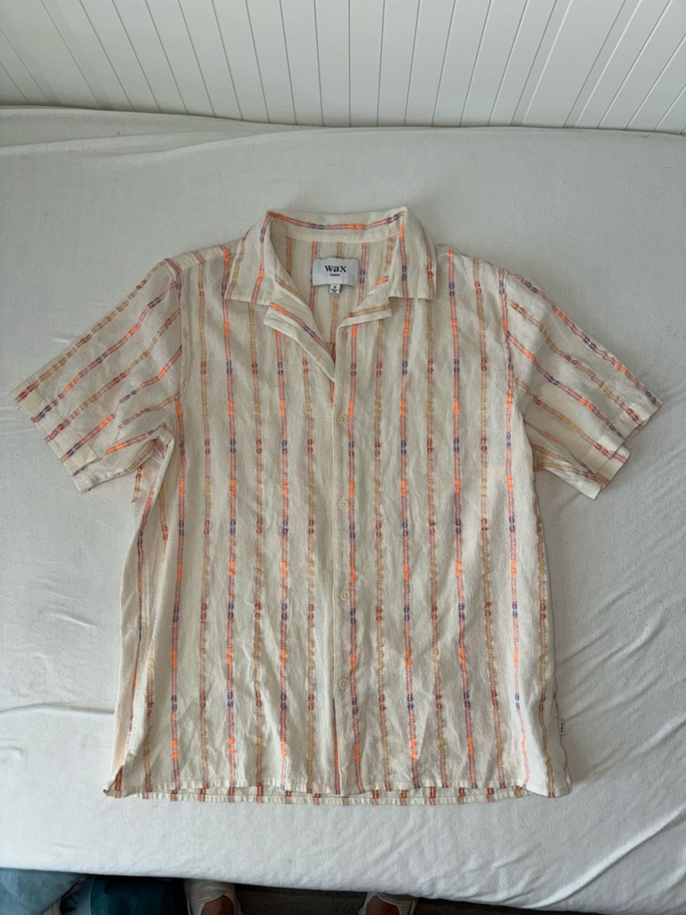 Wax Cream Short-Sleeve Stripe Button-Down Shirt